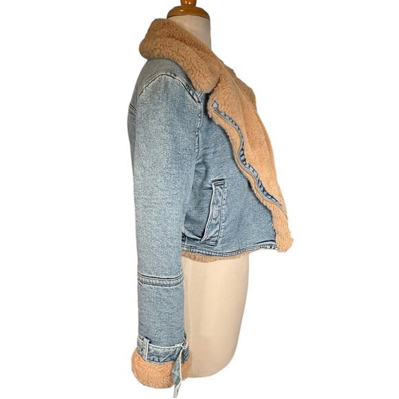 Hollister Faux Fur Lined Denim Jacket Women’s XS Y2K Cropped Tan Sherpa Collar - Picture 5 of 13